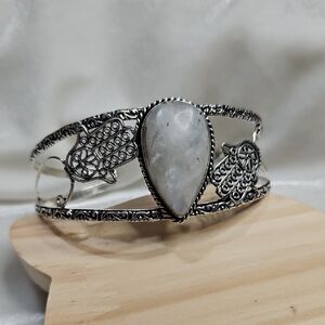 Silver Plated White Rainbow Moonstone Teardrop Shape Natural Stone Cuff Bracelet